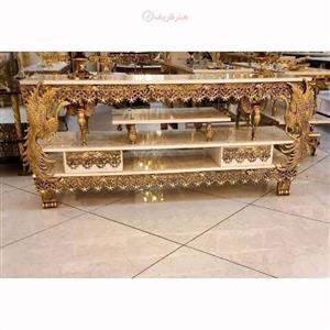 میز تلوزیون دو کشو طرح طاووسی ام دی اف با طراحی جدید و بسیار زیبا و خاص با کیفیت اعلا و روکش برنز