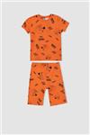 ست پیژامه تی شرت و شلوارک نخی طرحدار پسرانه نارنجی دفاکتو DeFacto (برند ترکیه)