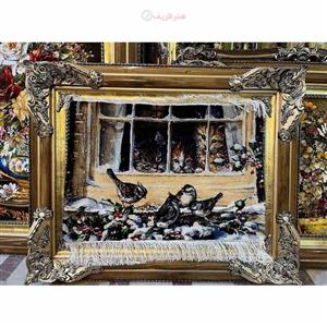 تابلو فرش دستبافت سه گربه بازیگوش چله ابریشم پر از ابریشم، قاب چوبی درجه یک