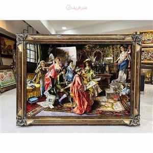 تابلو فرش دستبافت، با عنوان کلاس نقاشی، چله ابریشم پر از ابریشم، 50 رج با کیفیت عالی