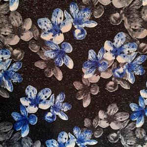 پارچه لمه گلدار زمینه مشکی با گل های بهاری آبی و توسی