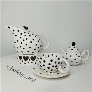 سرویس چای خوری دونفره سرامیک دستساز دو عدد فنجون نلبکی به همراه قوری و وارمر وقندون7تیکه ()