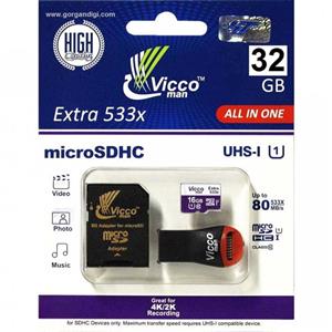 کارت حافظه microSDHC ویکو من مدل Extra 533X کلاس ۱۰ استاندارد UHS-I U1 سرعت ۸۰MBps ظرفیت ۱۶ گیگابایت همراه با کارت خوان usb و آداپتور SD