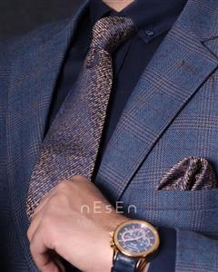 ست کراوات و دستمال جیب مردانه نسن | کرم سرمه ای | طرح کجراه