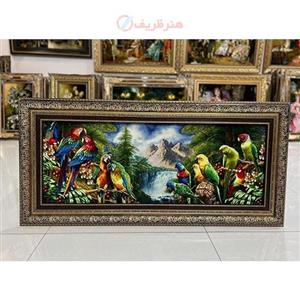 تابلو فرش دستبافت باغ طوطی چله ابریشم پر از ابریشم 50 رج، قاب چوبی درجه یک