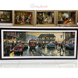 تابلو فرش دستبافت خیابان سانفرانسیسکو چله ابریشم 50 رج، کیفیت قاب درجه یک