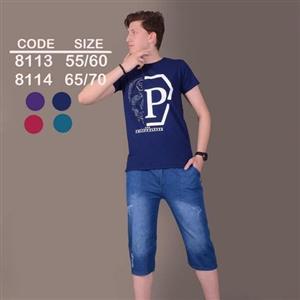 ست پسرانه تیشرت  پنبه و شلوارک جین کاغذی پسرانه