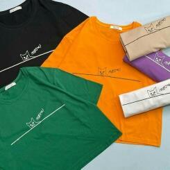 کراپ تیشرت نخ پنبه فری سایز طرح گربه