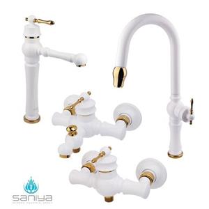 شیرآلات سانیا ست شیرآلات مدل مینا با روشویی بلند و حمام تنه وسط سفید طلایی