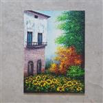 نقاشی رنگ روغن روی تخته سه لا منظره خانه و باغچه گل های افتابگردان 40در 30