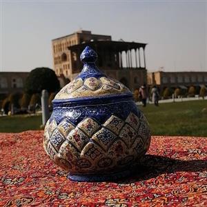 قندان مینا کاری از جنس مس سایز 14 سانتی اثر استاد قاسمی