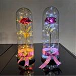 باکس گل گلکسی شیشه ای دکوری زیبا با گل صورتی و ریسه چراغدار
