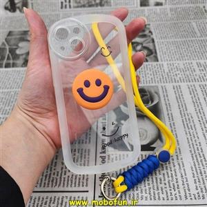 قاب گوشی iPhone 13 آیفون طرح ژله ای شفاف بالشتی لبخند شاد HAPPY محافظ لنز دار بی رنگ آویزدار کد 397