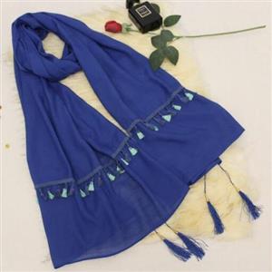 شال نخی منگوله ای رنگ آبی کاربنی دست دوز