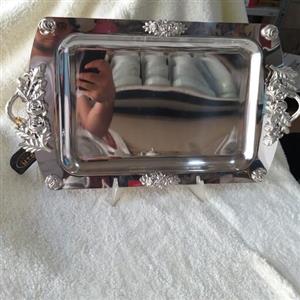 سینی استیل مستطیل پایه دار دسته نقره ای گل رز