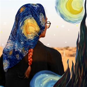 مینی اسکارف طرح شب پرستاره جنس حریر نخ و سایز  65 در 65 موجود در 6 طرح مختلف