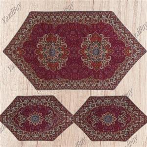 رومیزی ترمه ست 3 تکه طرح نسترن رنگ قرمز زرشکی با کیفیت عالی