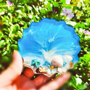 زیرلیوانی رزینی طرح دریا با صدف و شن طبیعی و خرج کار ستاره دریایی 6 عدد با قالب نامنظم قطر 10