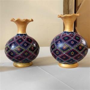 گلدان سفالی نقطه کوبی شده دو تایی  متوسط زمینه سورمه ای