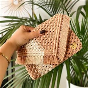 کیف مکرومه طرح کرم قهوه ای