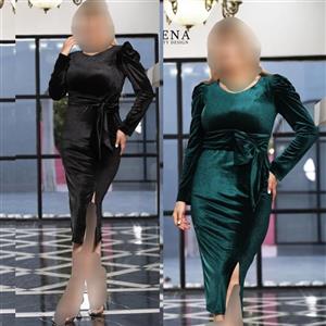 پیراهن لباس مجلسی کوتاه مخمل مشکی رنگی سایزبزرگ 36 تا 52 آستین بلند بلوط