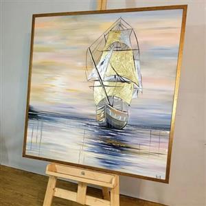 تابلو نقاشی مدرن ورقطلا  کشتی  و دریا دکوراتیو