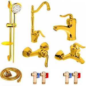 ست شیرآلات رز مدل بیزانسی مجموعه 10 عددی طلایی به همراه علم دوش حمام و شلنگ سرویس بهداشتی و شیر های پیسوار 