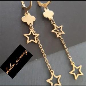 گوشواره استیل آویزی طرح ستاره و ونکلیف رنگ ثابت طلایی