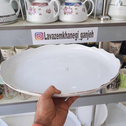 دیس بیضی سفید لب طلا  چینی لمون کد 318 سایز بزرگ(بیضی موج بزرگ_لمون_لموجز)