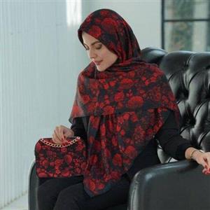 ست کیف و روسری _ ست کیف و شال _ روسری نخی قواره 130 رنگ قرمز مشکی با کیف پاسپورتی