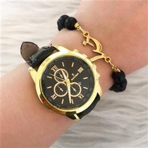 ساعت زنانه رومانسون بند چرم مشکی همراه با دستبند مهره اشانتیون