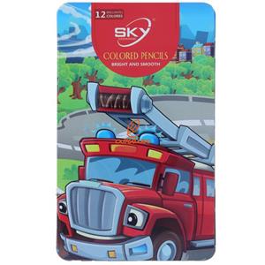 مداد رنگی 12 رنگ جعبه فلزی تخت طرح ماشین آتشنشانی اسکای SKY