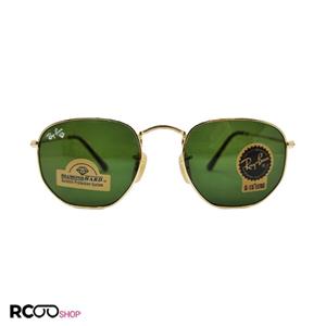 عینک آفتابی ریبن با فریم طلایی و لنز سنگ چندضلعی و رنگ سبز مدل 3548