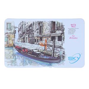 مداد رنگی 12 رنگ جعبه فلزی تخت طرح ونیز مدل آرتیست اسکای SKY