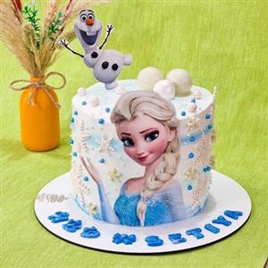 کیک اسفنجی مدرن تولد باتم السا دخترونه  فوندانت کاری و چاپ وزن 1350کیلوگرم ( فیلینگ نوتلا و موز و گردو)