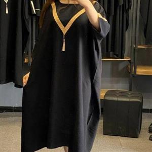 پیراهن ماکسی قواره دار با نوار طلائی جنس ابروبادی از سایز 40 تا 50