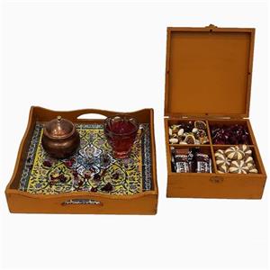 ست سینی و جعبه پذیرایی  چوبی سایز20در20 و سایز سینی 30در30