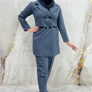 مانتو شلوار اداری چهاردکمه چارخونه ریز طوسی مشکی در قدهای دلخواه  لایه کاری شده