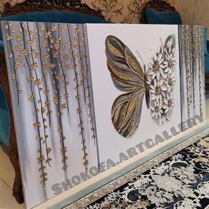 تابلو پروانه و ریسه گل تابلو سه تکه در ابعاد کلی 80 در 160 برجسته تماما کار دست