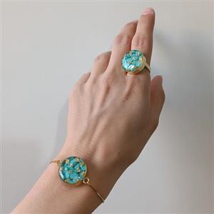 ست زنانه انگشتر و دستبند سنگ فیروزه رزینی با ورق طلا رنگ ثابت بدون حساسیت قابلیت تنظیم سایز برنج دایره 