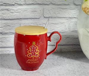 لیوان ماگ سرامیکی قاشق دار درب چوبی قرمز