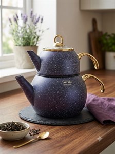 کتری قوری گرانیتی ریور رنگ کرم با قوری چینی اعلا