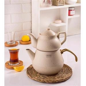 کتری قوری گرانیتی ریور رنگ کرم با قوری چینی اعلا