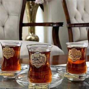 استکان و نعلبکی حتما برای سفارش تک و عمده استعلام موجودی و قیمت  کمر باریک  چاپ کوره ای مزین به اسامی مبارک اهل بیت (ع)