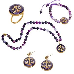 ست زنانه ورق طلا ماه مهر(سنگ عقیق بنفش و اونیکس)