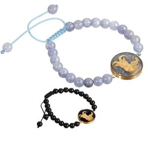 دستبند سنگ جید طوسی و ورق طلا ماه دی