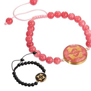 دستبند ورق طلا ماه اسفند(سنگ جید صورتی وسنگ اونیکس)