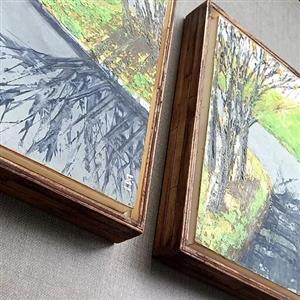 تابلو نقاشی رنگ روغن منظره دو تکه امضا داربا قاب چوبی دستساز ابعاد 23x23x3 سانتیمتر