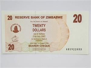 اسکناس زیمباوه 20 دلار زیبای 