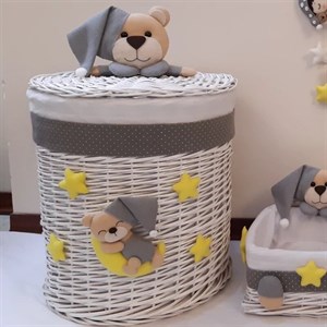 سبد اسباب بازی نظم دهنده اتاق کودک طرح خرسی جنس حصیری کاور مخمل